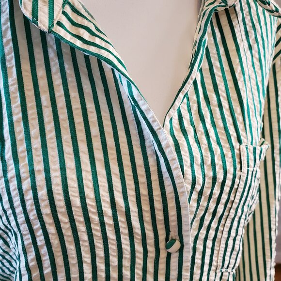 Emerson Lang Young Contemporary Green Striped Plisse Button Down Shirt | XL - Picture 2 of 7